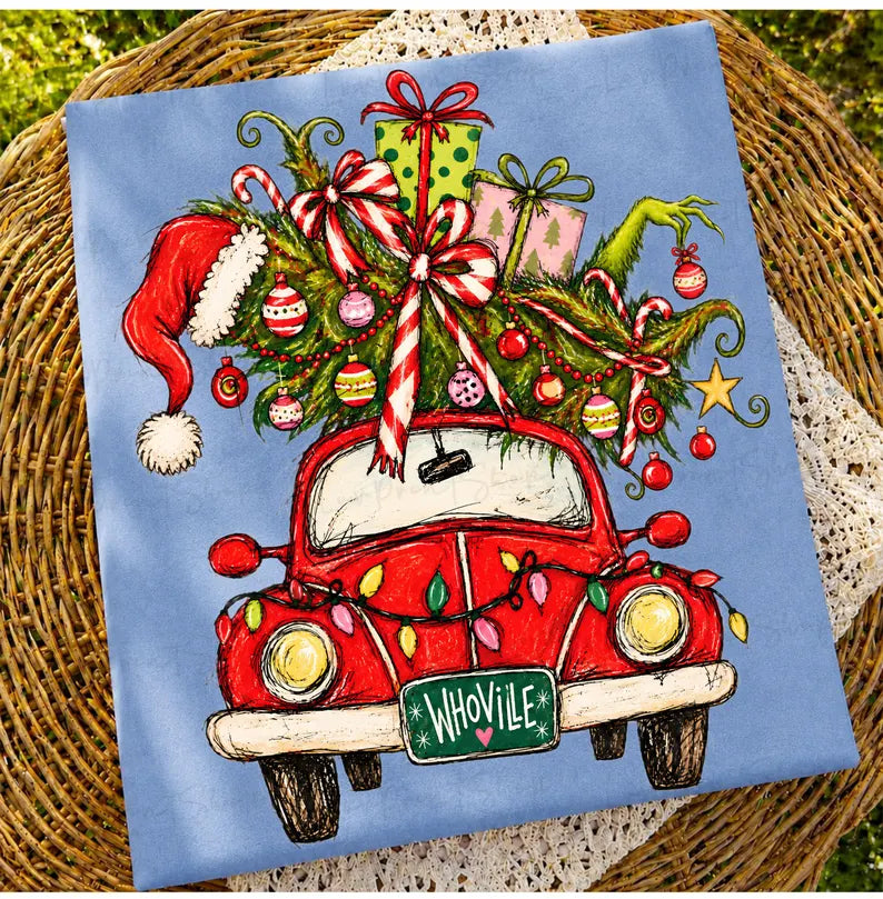 Wville red car with Christmas tree on top Sunday Special DTF transfer