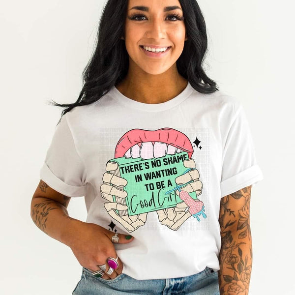 There’s no shame in wanting to be a good girl (lips, teeth, book skeleton hands) DTF TRANSFER