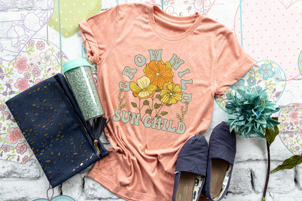 Grow wild sun child (flowers with teal letters) DTF TRANSFER
