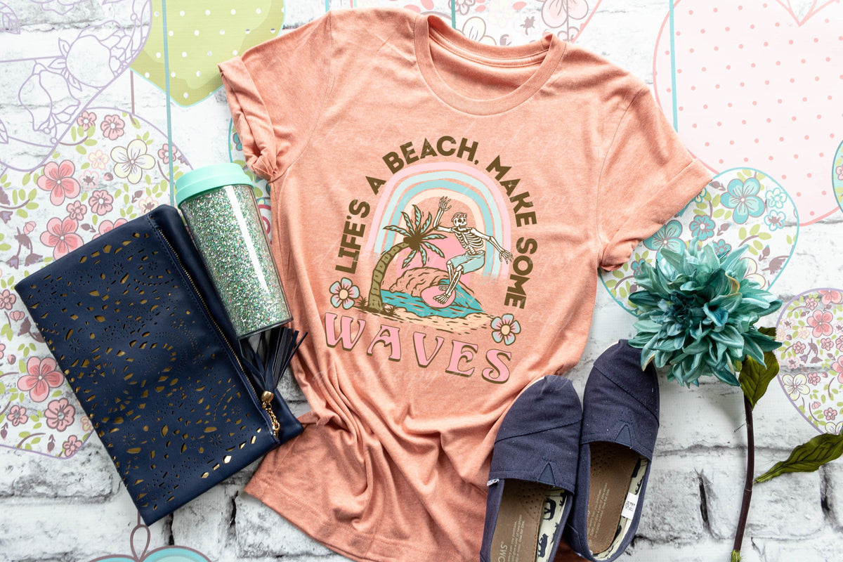 Life’s a beach make some waves (rainbow, skellie on wave, surf board) DTF TRANSFER