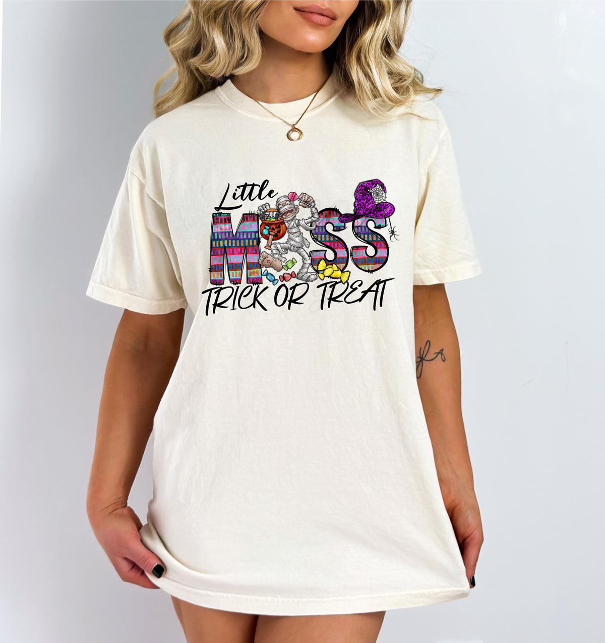 Little miss trick or treat (mummy with pumpkin basket, witch hat) DTF TRANSFER