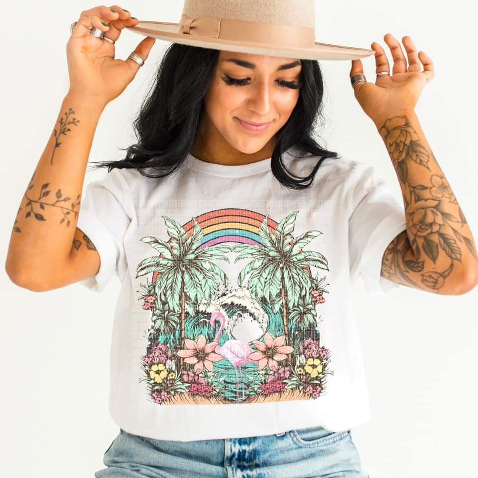 Flamingo beach (palm trees, rainbow, flowers) DTF TRANSFER