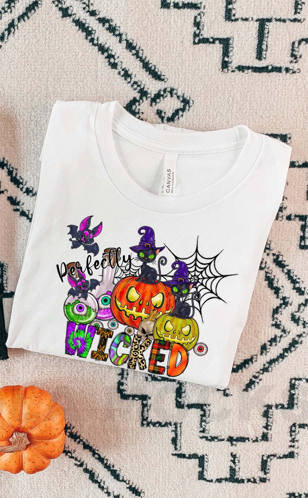 Perfectly Wicked (pumpkins, cats, eyeballs, spider web, bat) DTF TRANSFER