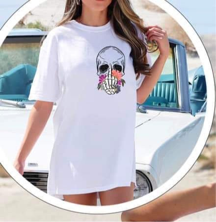 skull and skeleton hand with flowers CHOOSE SIZE BEFORE ORDERING DTF TRANSFER