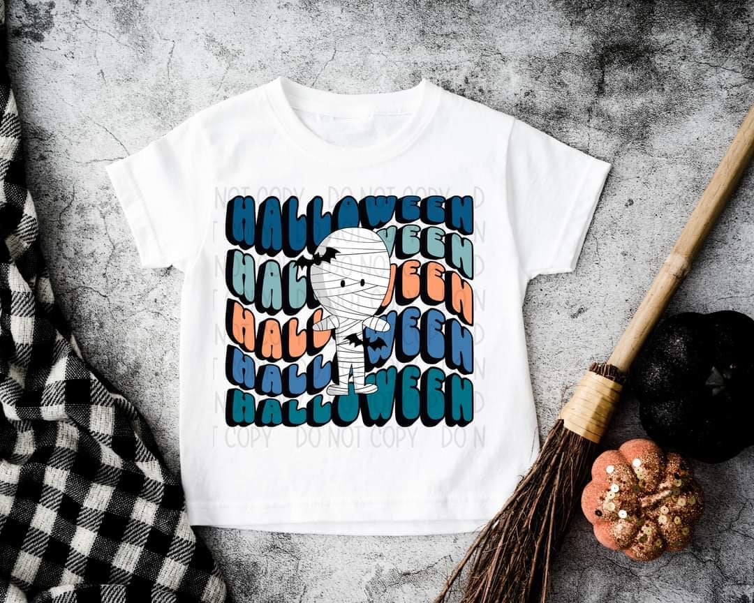 Halloween stacked background multi color boy mummy DTF TRANSFER