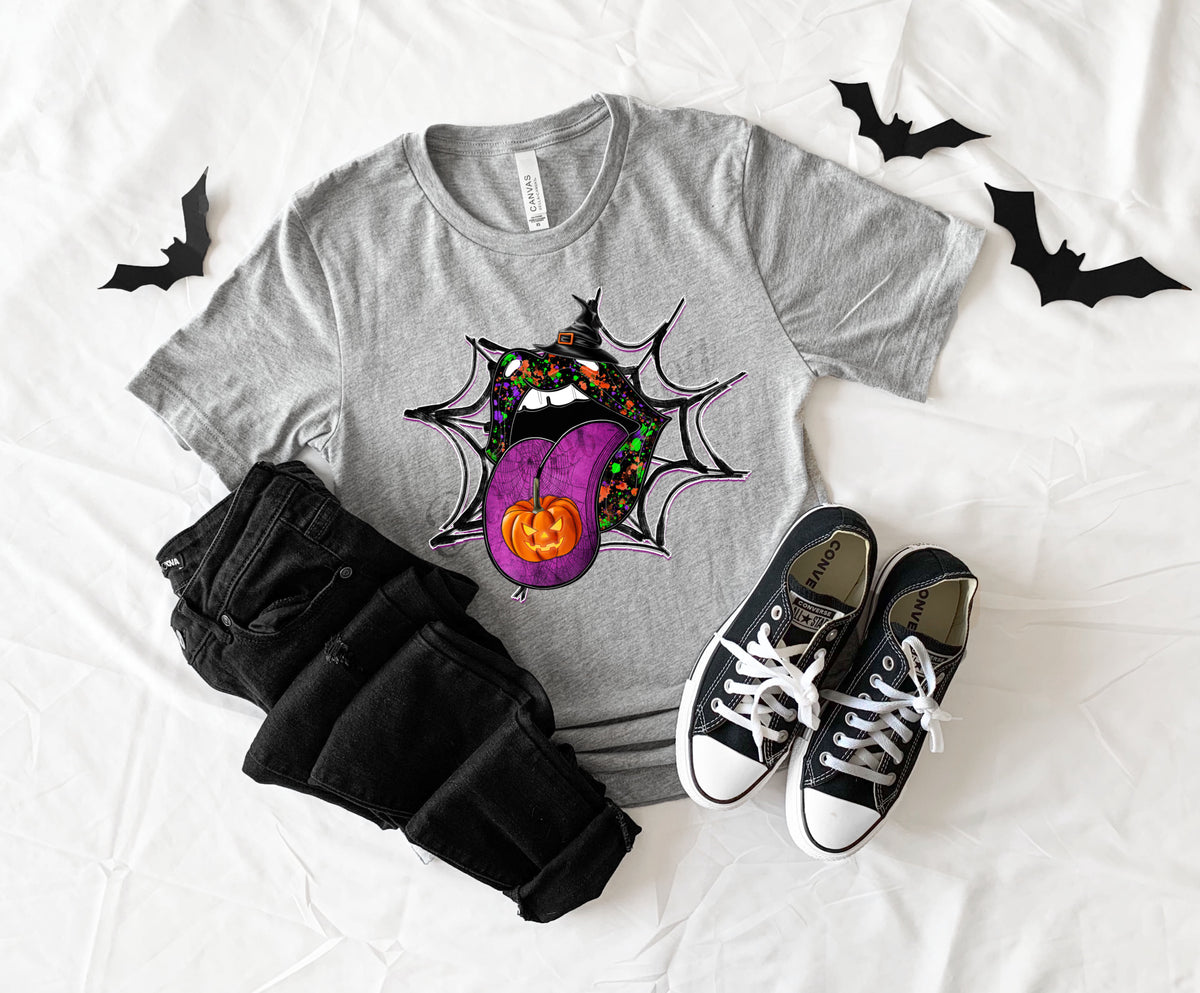 Halloween lips & tongue (spider web, pumpkin, purple tongue) DTF TRANSFER