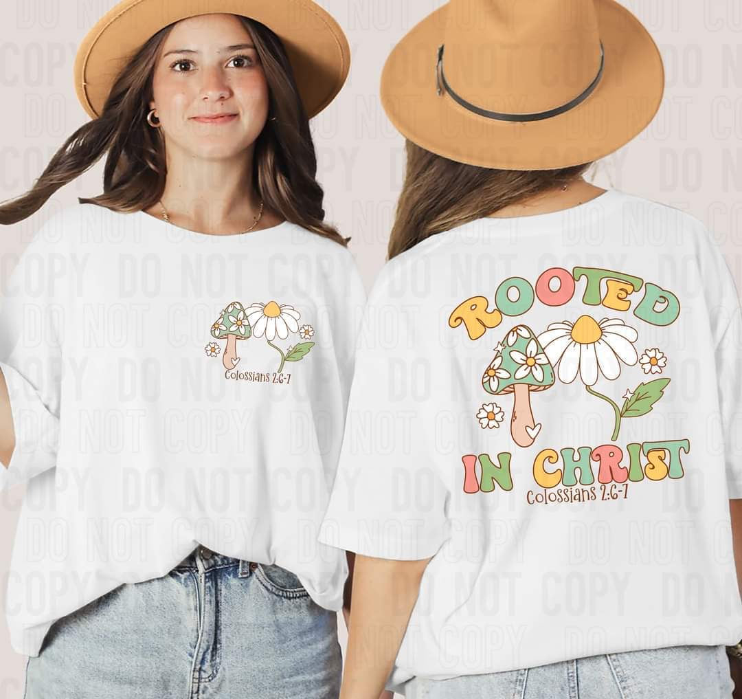 Rooted in Christ pocket print character DTF transfer