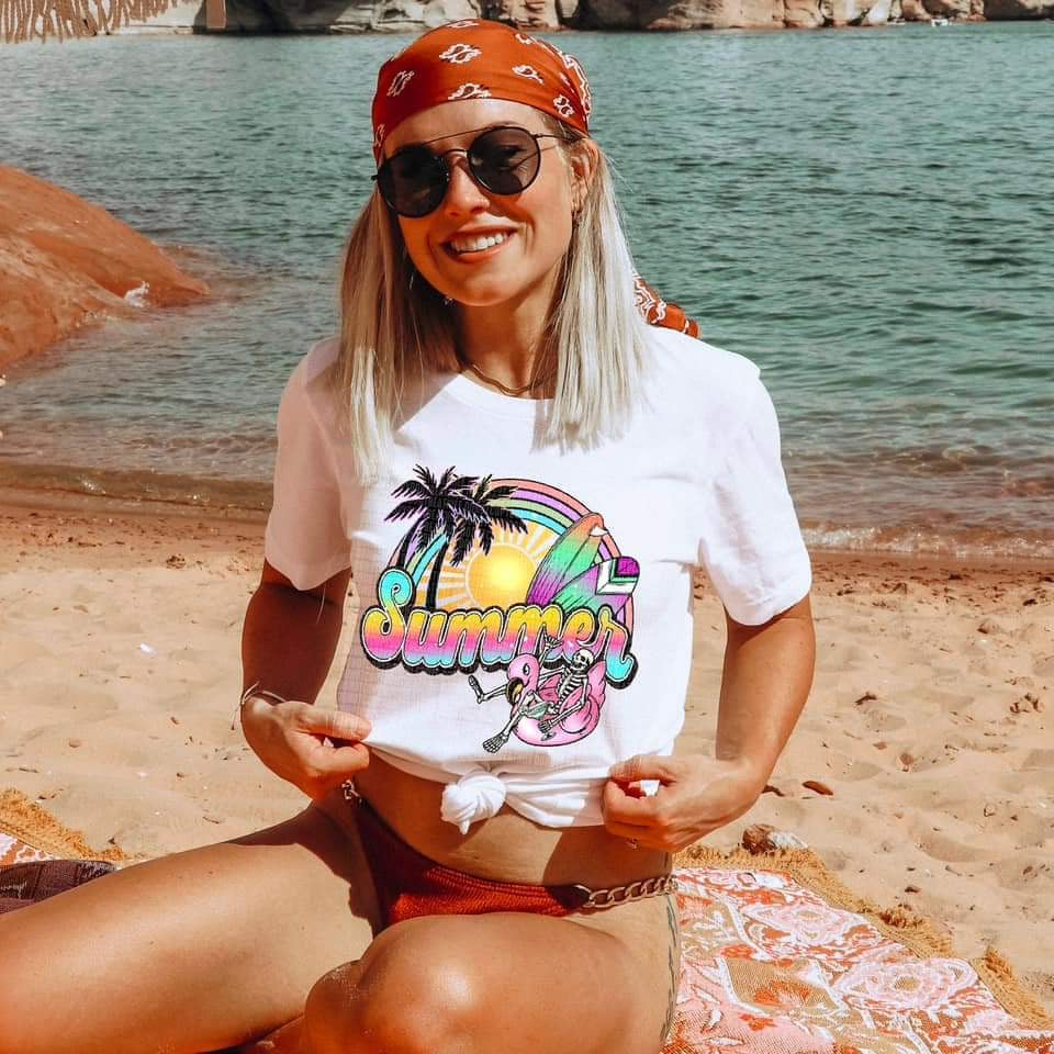 Summer (skellie floating, palm tree, rainbow) DTF TRANSFER