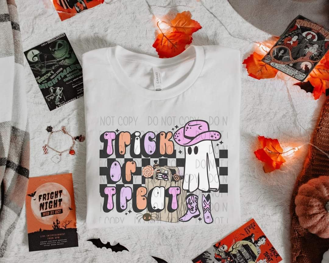 Trick or treat girl ghost in cowboy hat and checkered background DTF TRANSFER