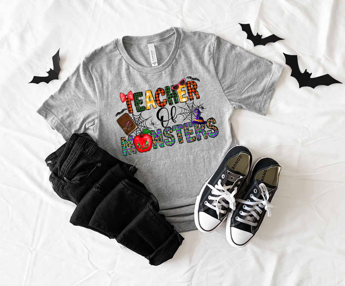 Teacher of monsters (plaid lettering, bow, glasses, book, pumpkin, bat) DTF TRANSFER