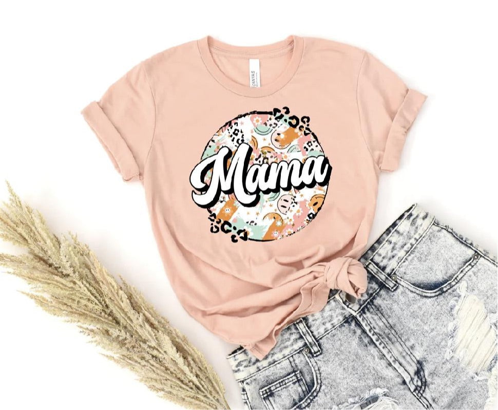 Mama happy retro circle (smileys, colorful, leopard) DTF TRANSFER
