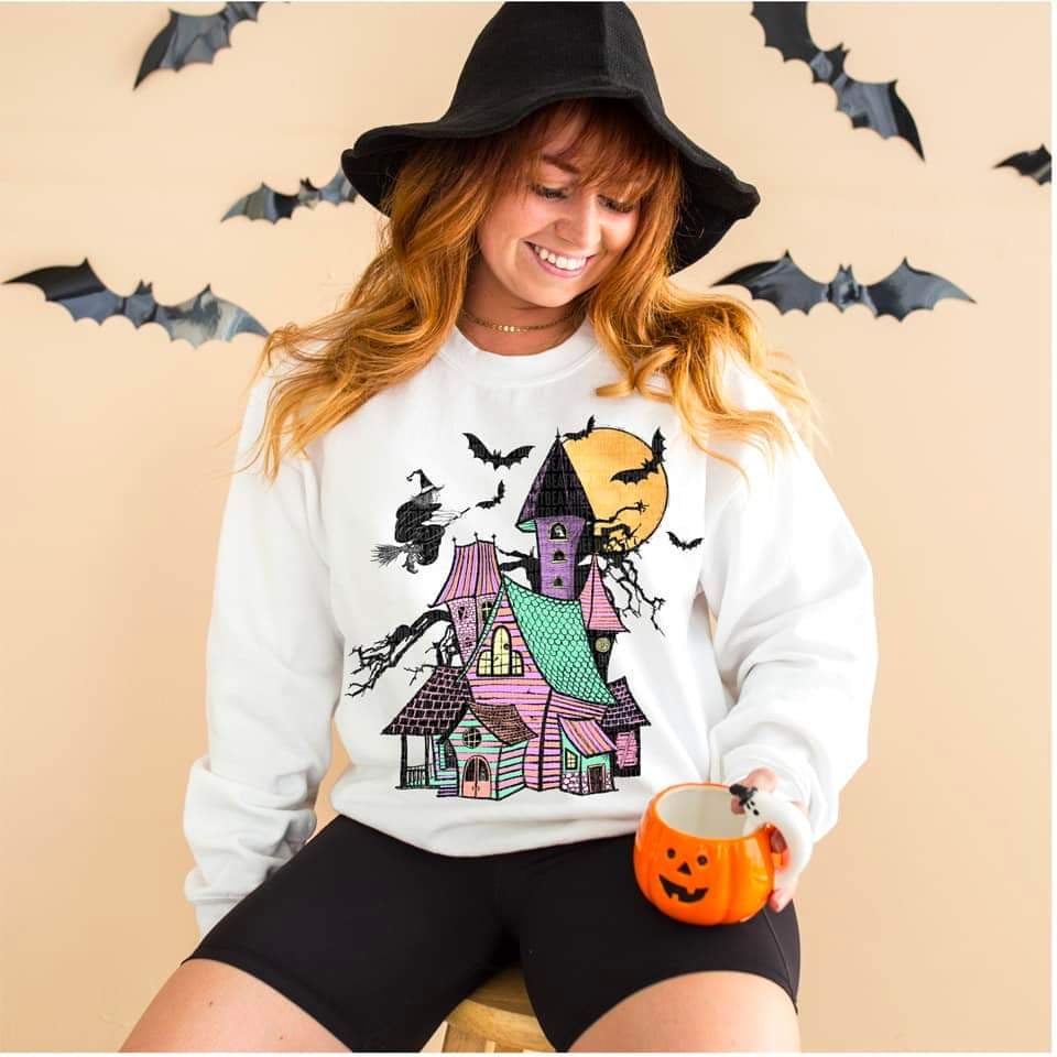 Haunted house (colorful house, witch and bats) DTF TRANSFER