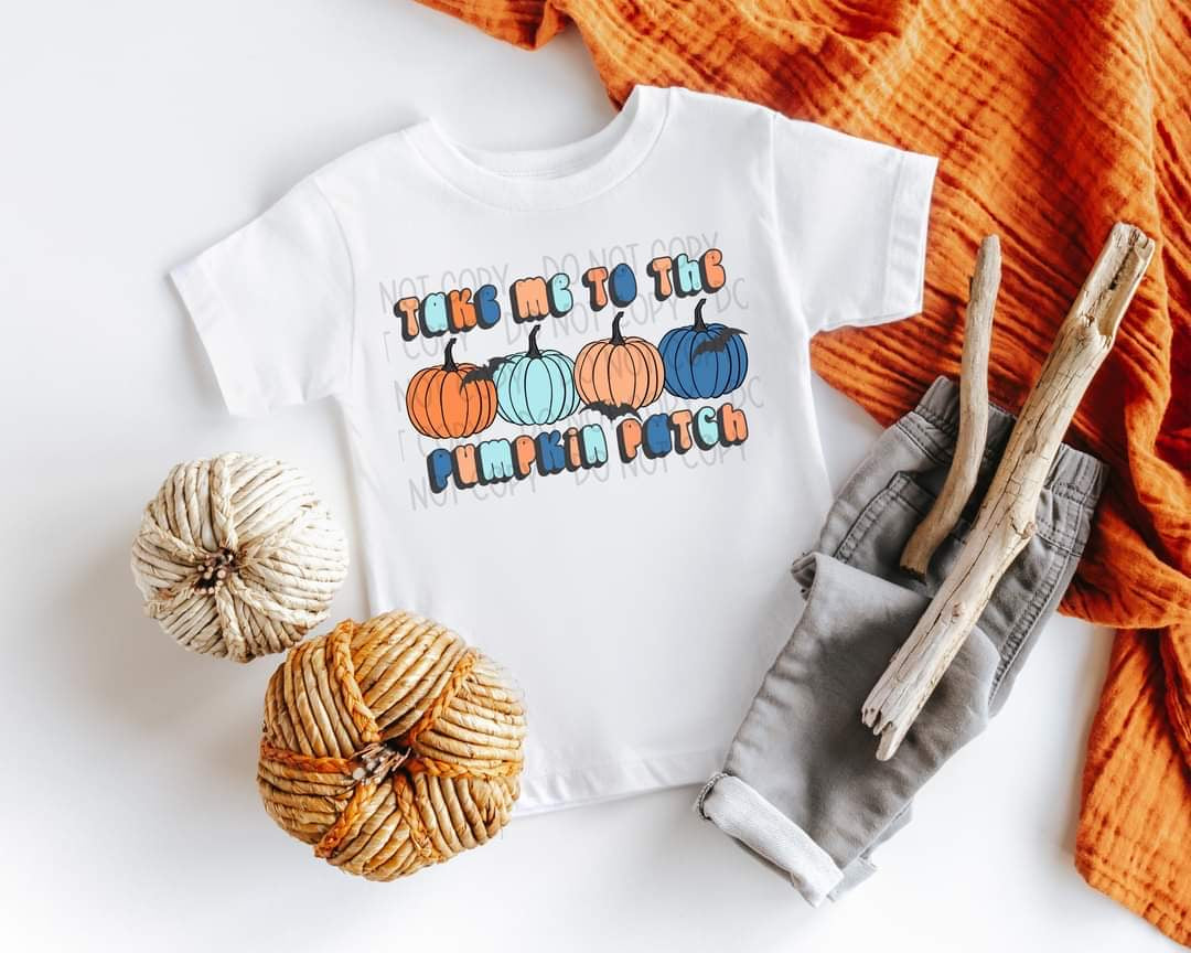 Take me to the pumpkin patch (boys, green orange, 4 pumpkins) DTF TRANSFER
