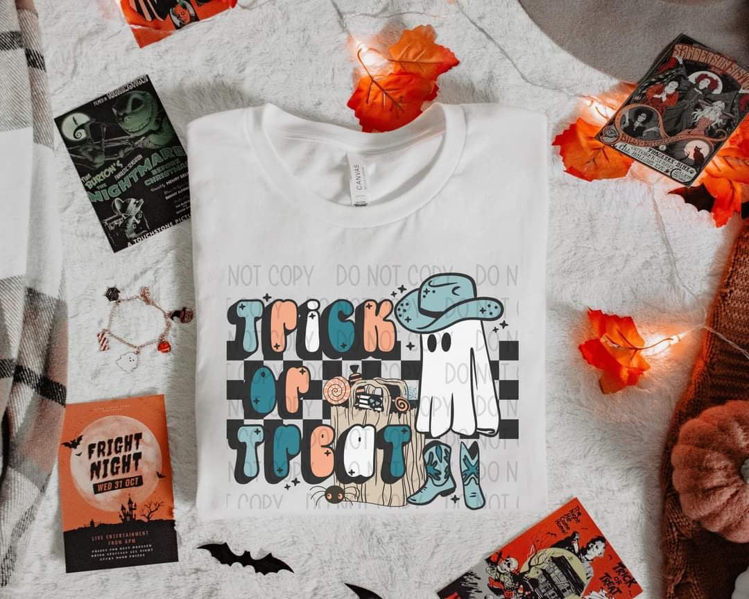 Trick or treat boy ghost in cowboy hat and checkered background DTF TRANSFER