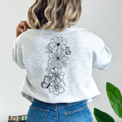 Vertical Black Flowers & Butterflies DTF transfer