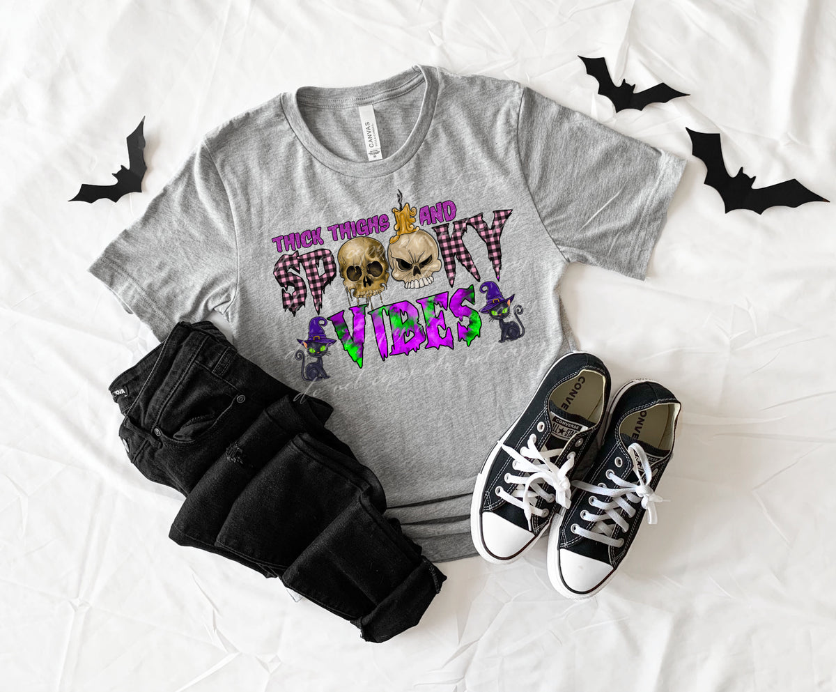 Thick thighs and spooky vibes (skulls, plaid, purples) DTF TRANSFER