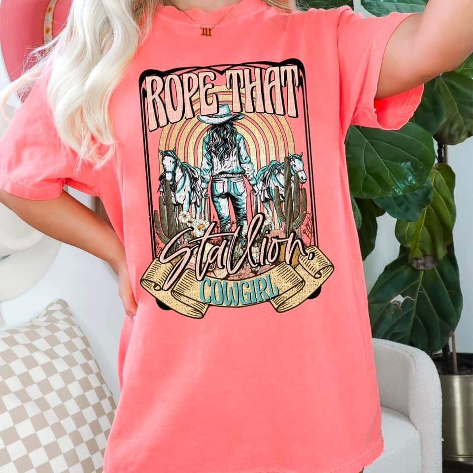 Rope that stallion cowgirl (two horses and cowgirl) DTF TRANSFER