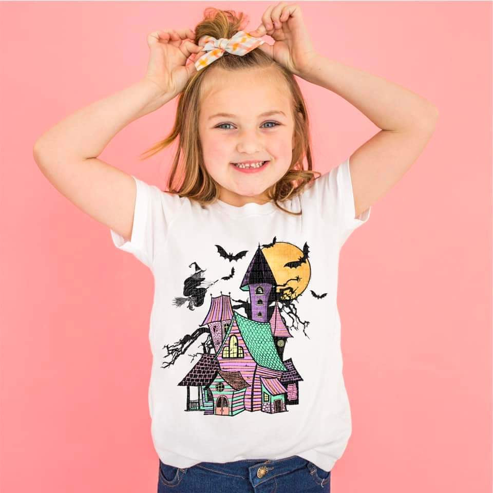 Haunted house (colorful house, witch and bats) DTF TRANSFER