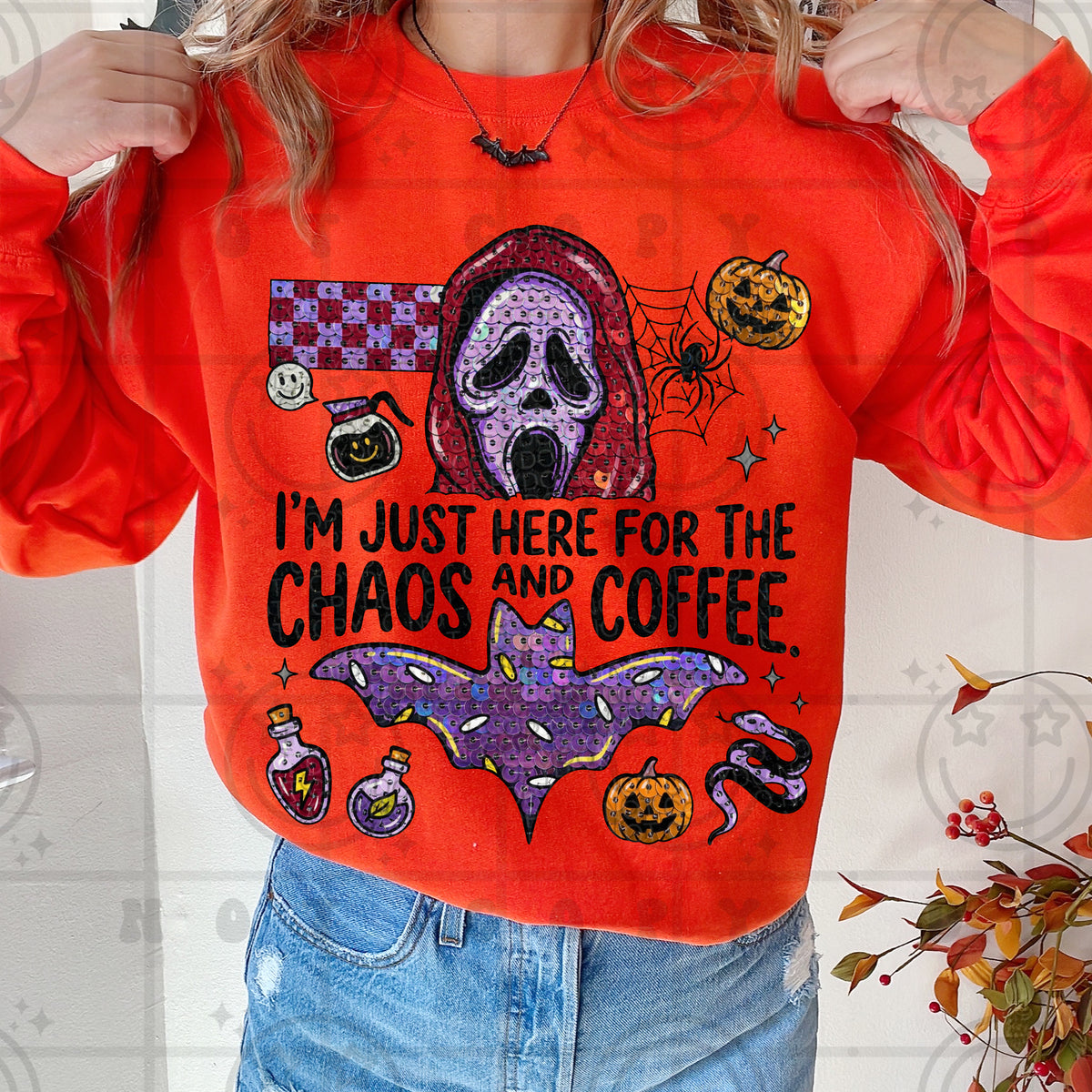 I'm just here for the chaos and coffee faux sequins (HW) DTF Transfer