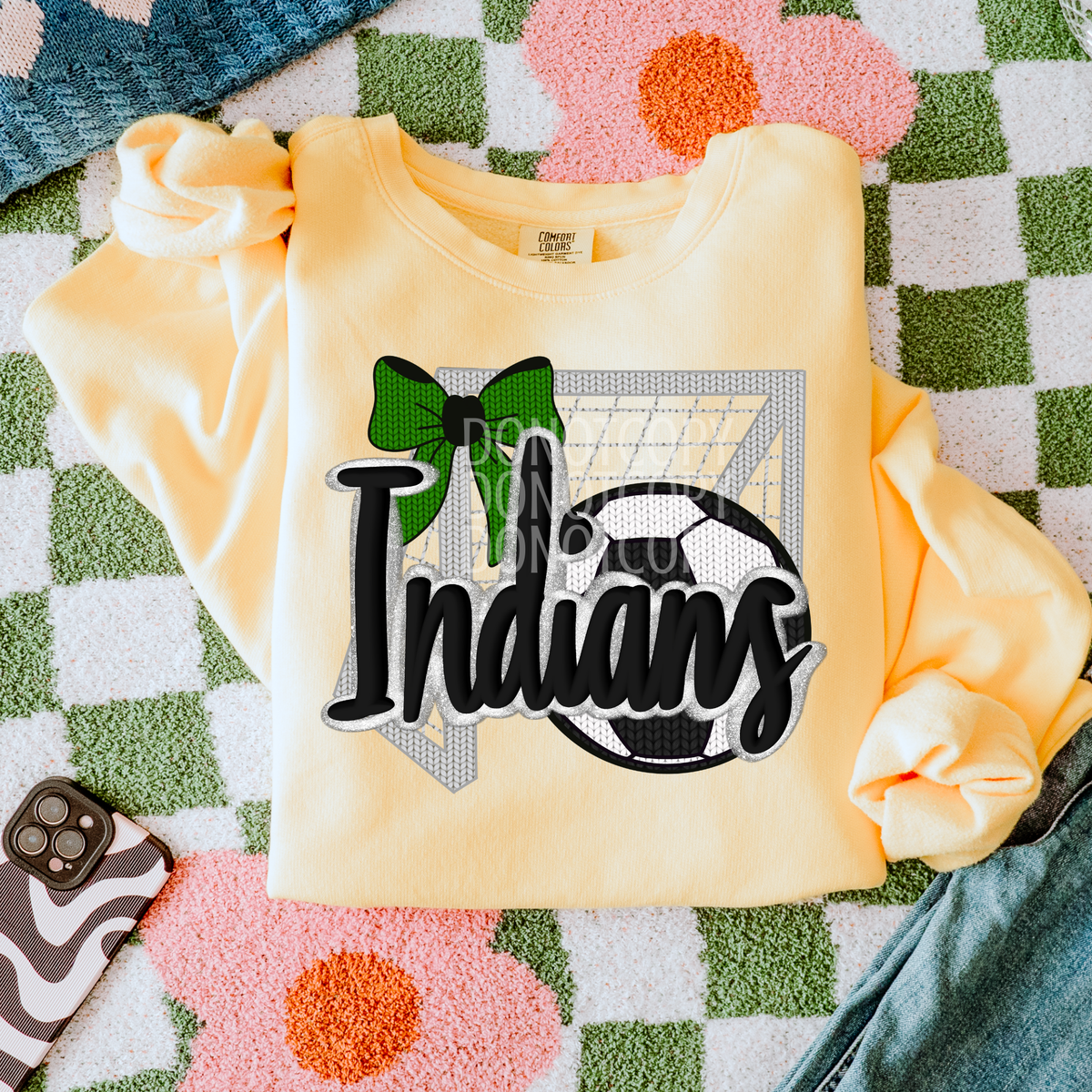 indians soccer with soccer ball, net, and green bow (CSG) DTF transfer