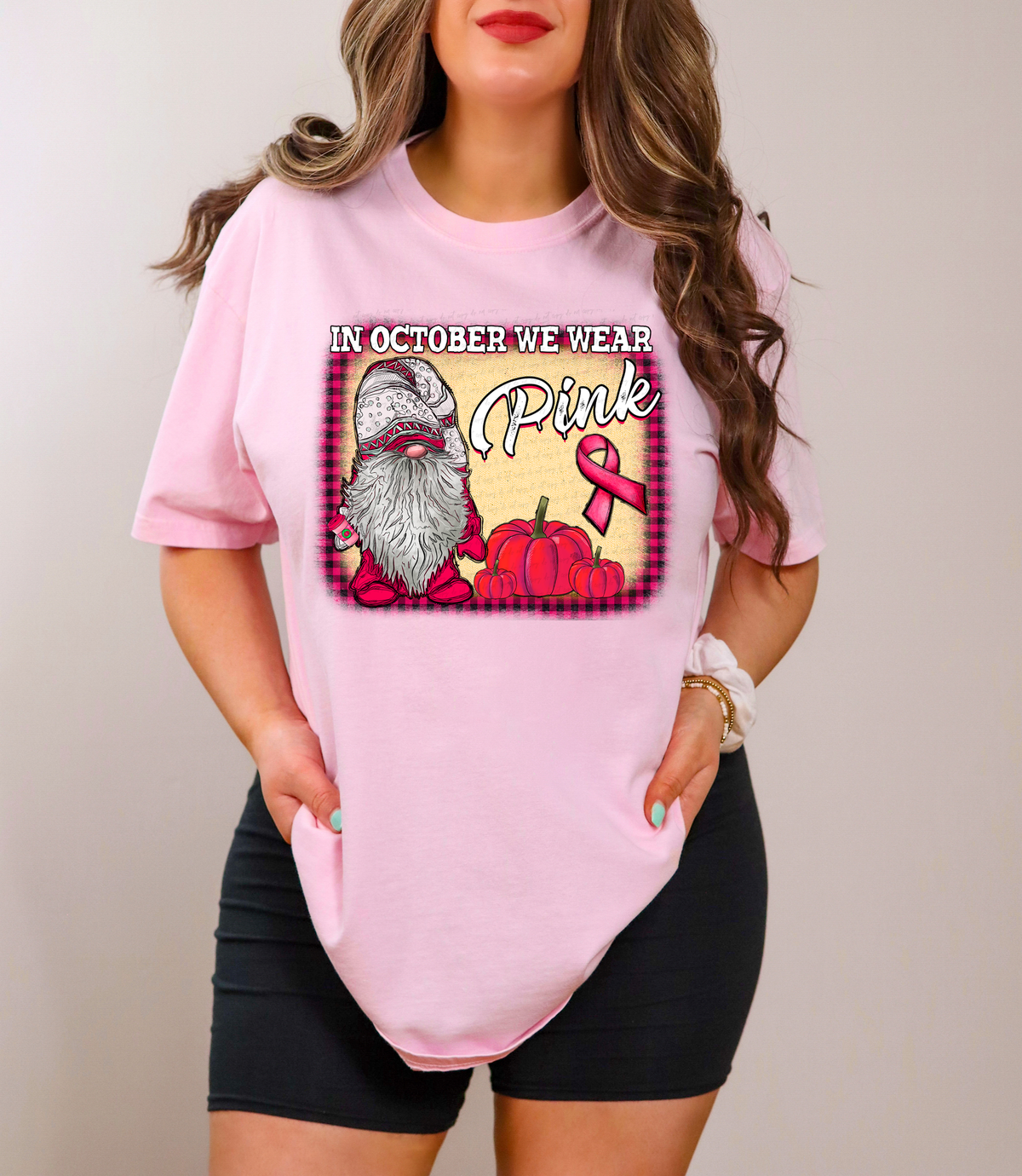 In October We Wear Pink Gnome with Pink Pumpkins and Plaid Borders 116238 DTF Transfer