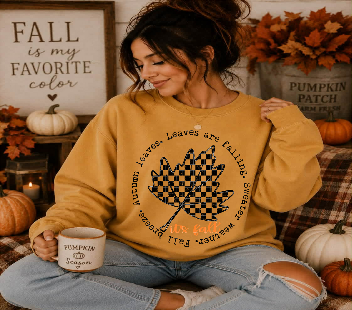 Leaves are falling circle checkered leaf BLACK (Linda) DTF Transfer