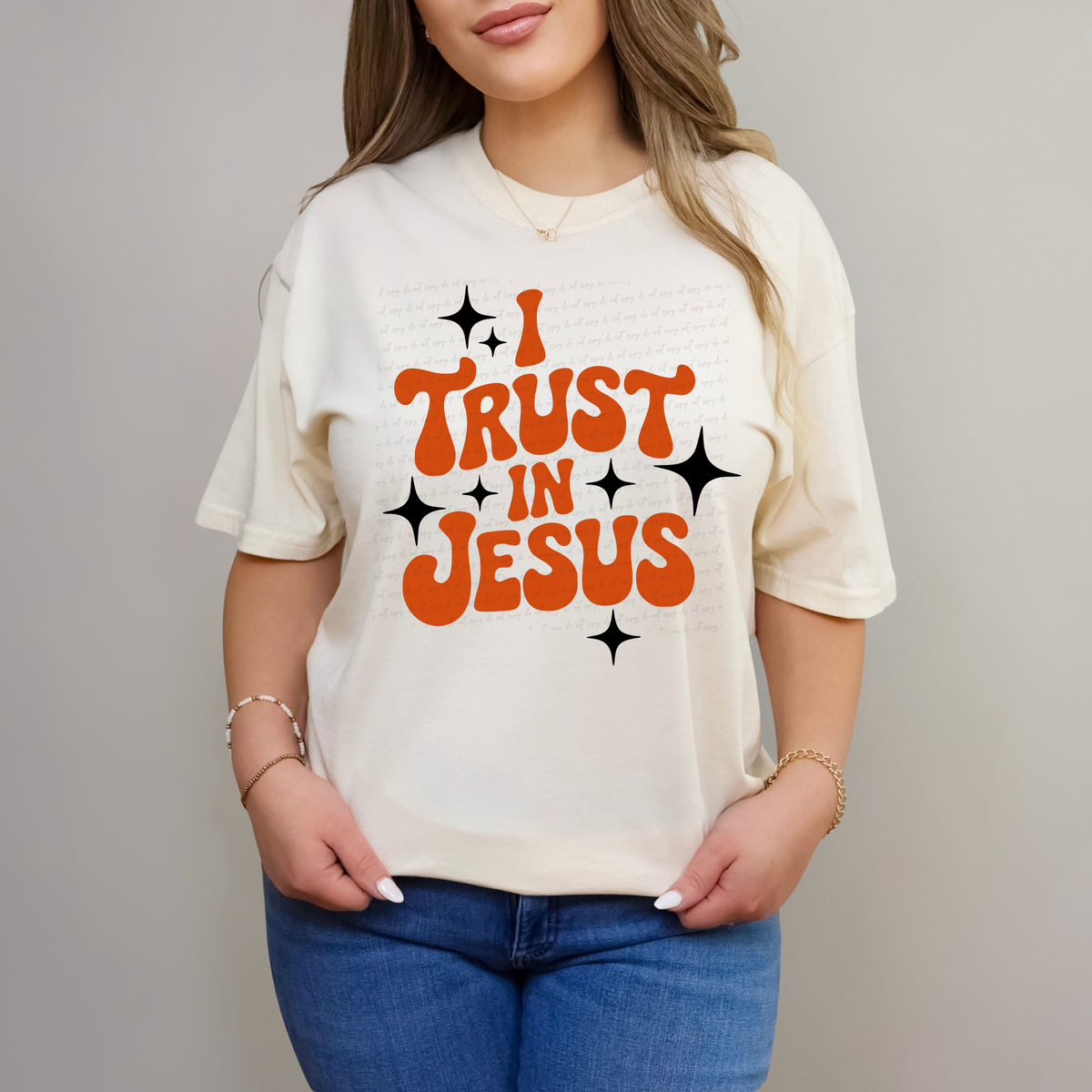 I Trust In Jesus Orange Font Sparkle 117582 DTF transfer