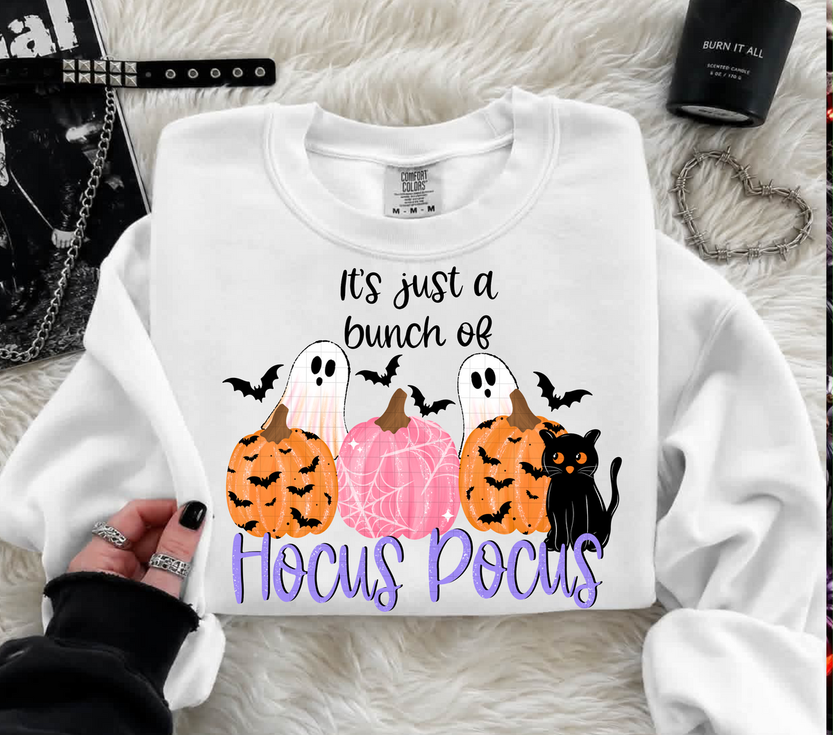 It's just a bunch of Hocus P pumpkin and ghost BLACK (Linda) DTF Transfer