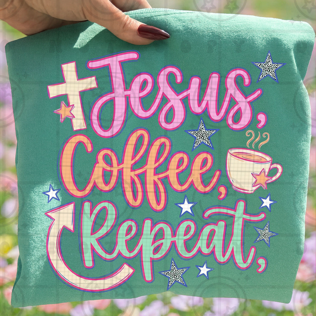 Jesus coffee repeat cross and coffee cup (HW) DTF Transfer