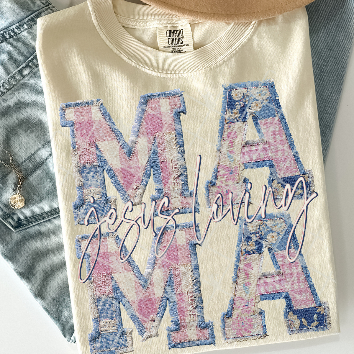Faux pink and blue patchwork Jesus loving mama (TTD) DTF Transfer
