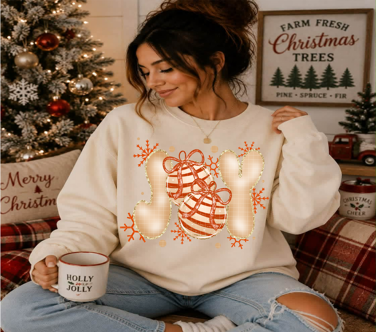 Joy with red and gold stripped ornaments and red snowflakes (Linda) DTF Transfer