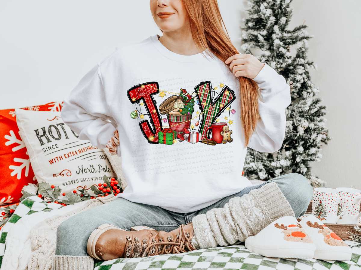 Joy Red Green Plaid Santa Trees In Cup Gifts 116240 DTF Transfer