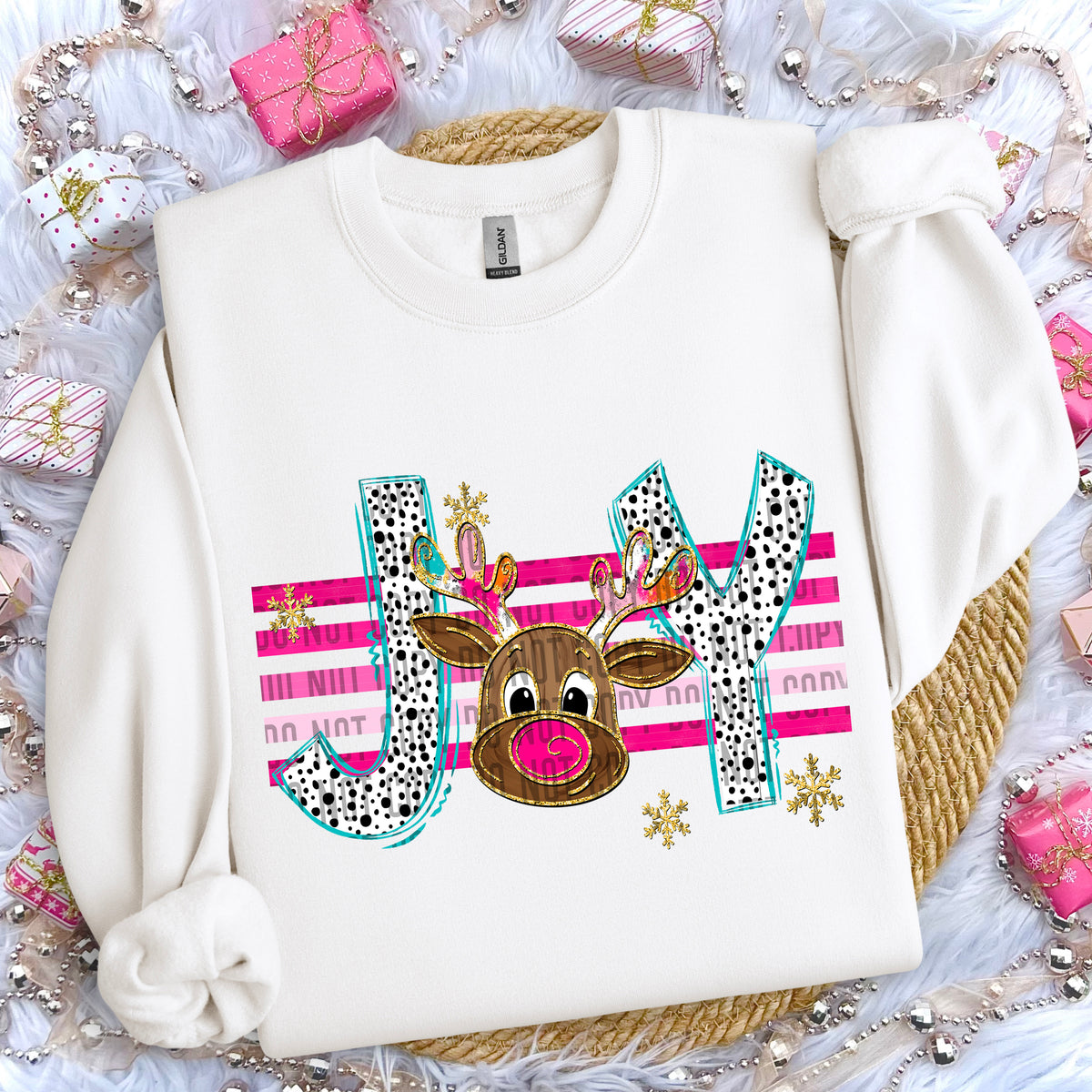 Joy Reindeer Head Pink Stripes 69138 DTF transfer