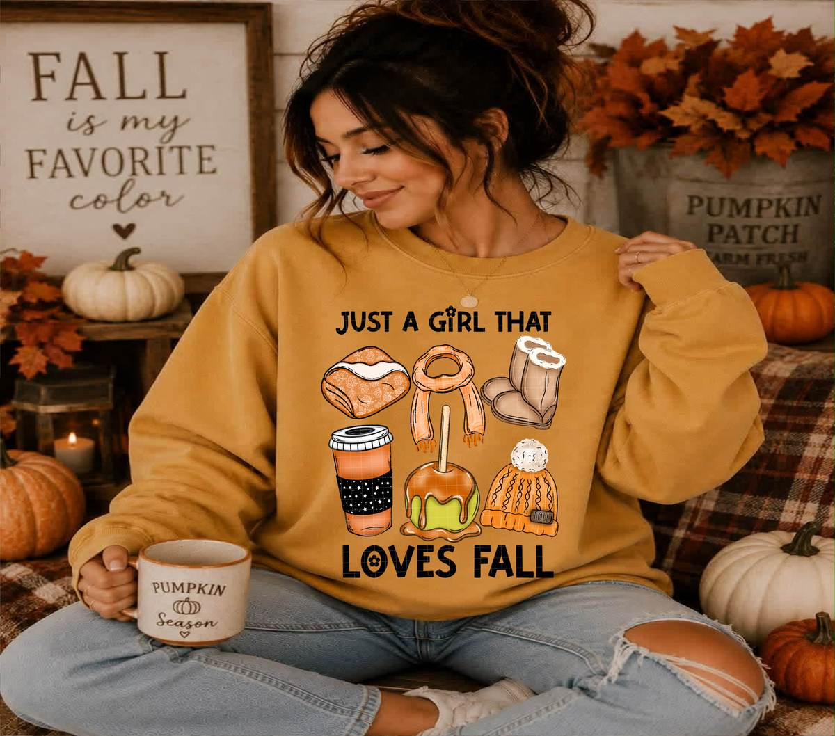 Just a girl that loves fall blanket scarf boots coffee caramel apple and boggin (Linda) DTF Transfer