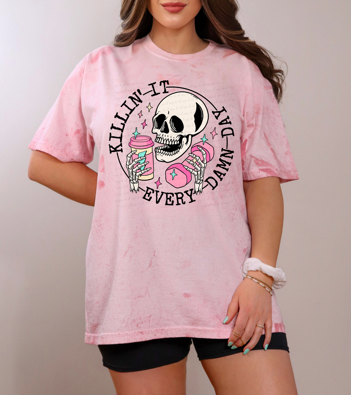 Killin It Every Damn Day Skellie with Dumbbell and Coffee Cup 116320 DTF Transfer