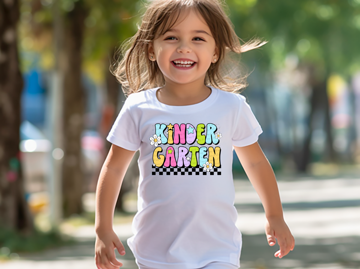 Kindergarten Groovy Checkered Floral And Stars 108728 DTF transfer