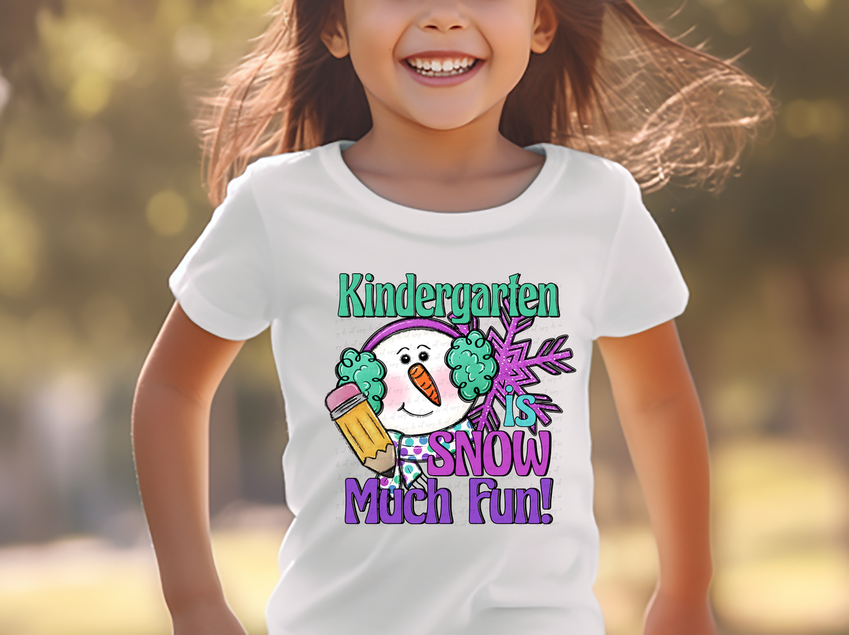 Kindergarten Is Snow Much Fun Girl Snowman with Pencil and Snowflakes 117065 DTF Transfer