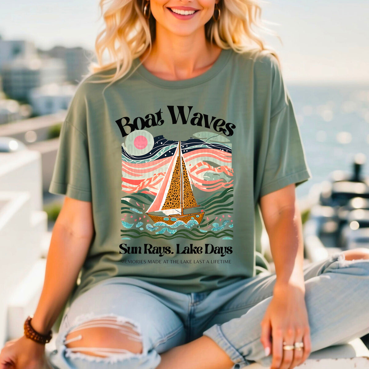 Boat Waves Sun Rays Lake Days 104411 DTF transfer