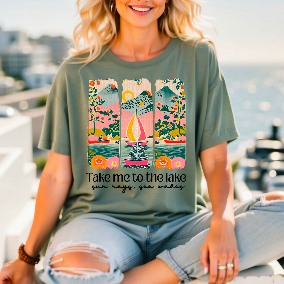 Take Me To The Lake Sun Rays Sea Waves 104419 DTF transfer