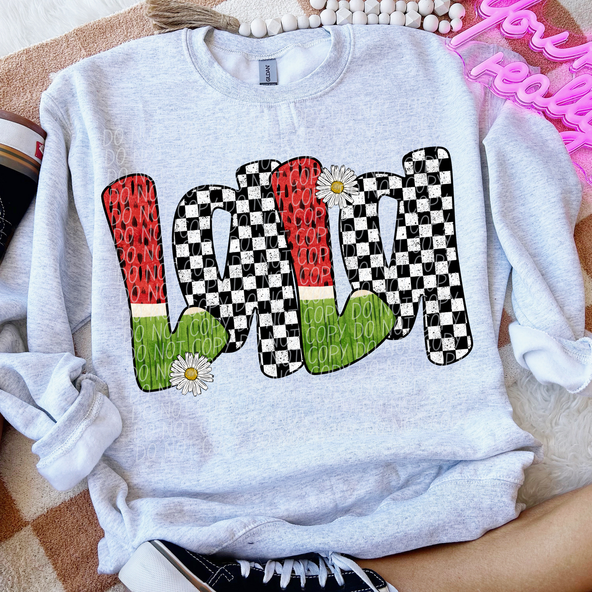 Lala Watermelon Checkered Font (City) DTF transfer