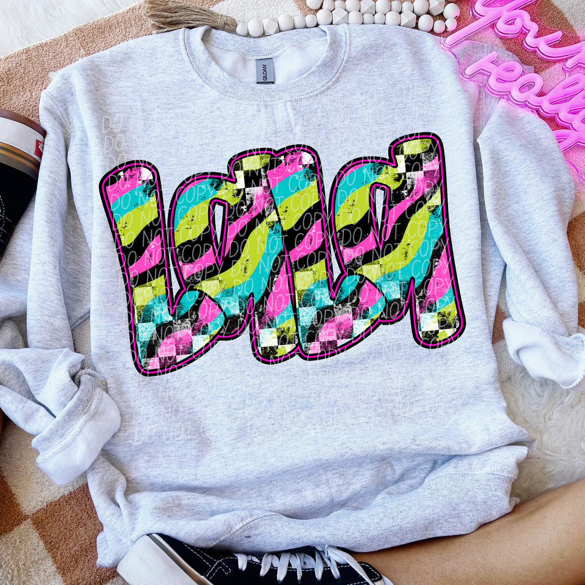 Lala Neon Checker Font (CITY) DTF transfer