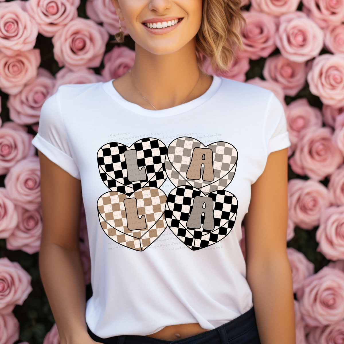Lala Checker Hearts Beige Black Grey 81531 DTF Transfer