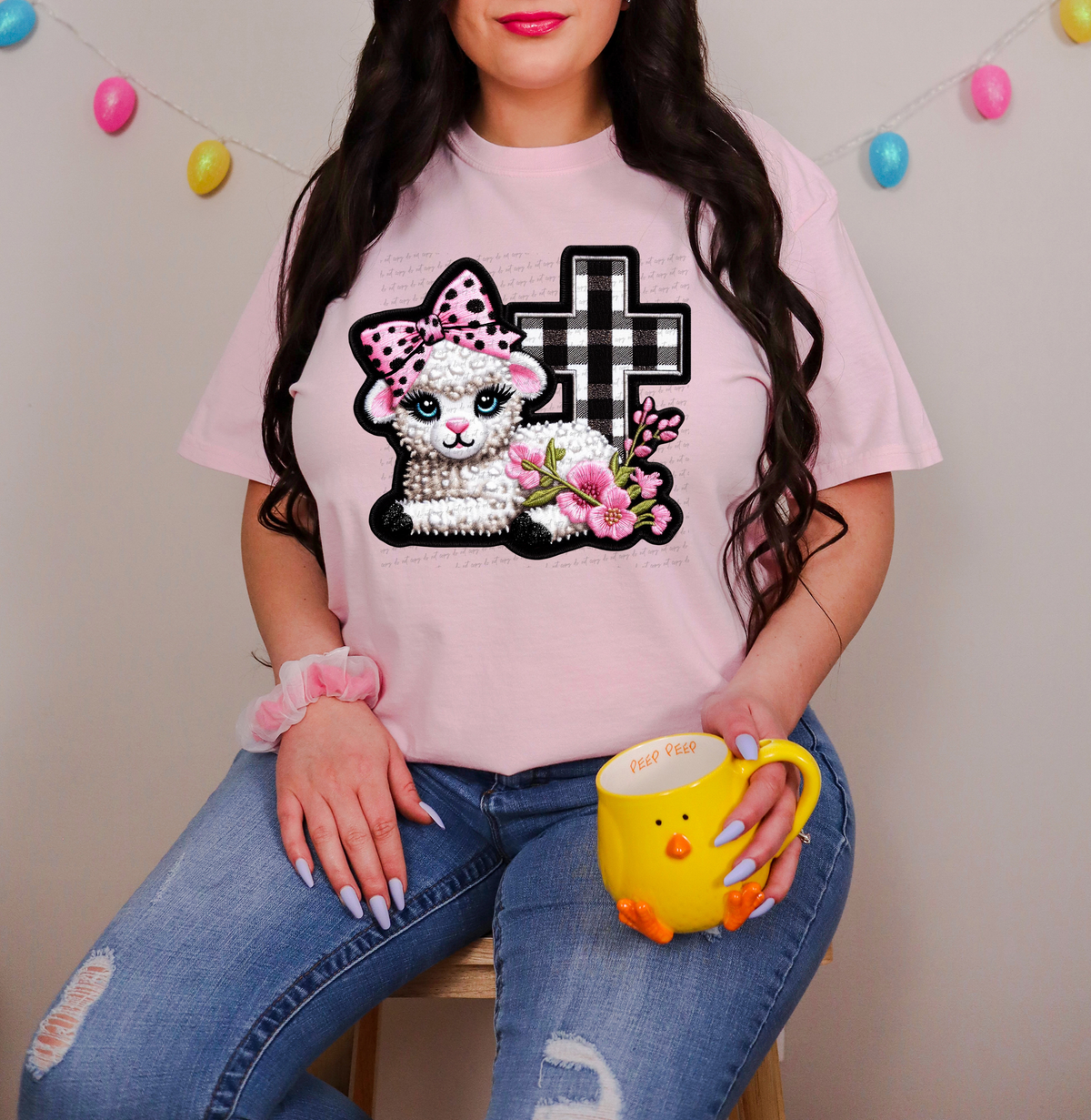 Lamb With Cross Plaid Faux Embroidery 86074 DTF Transfer