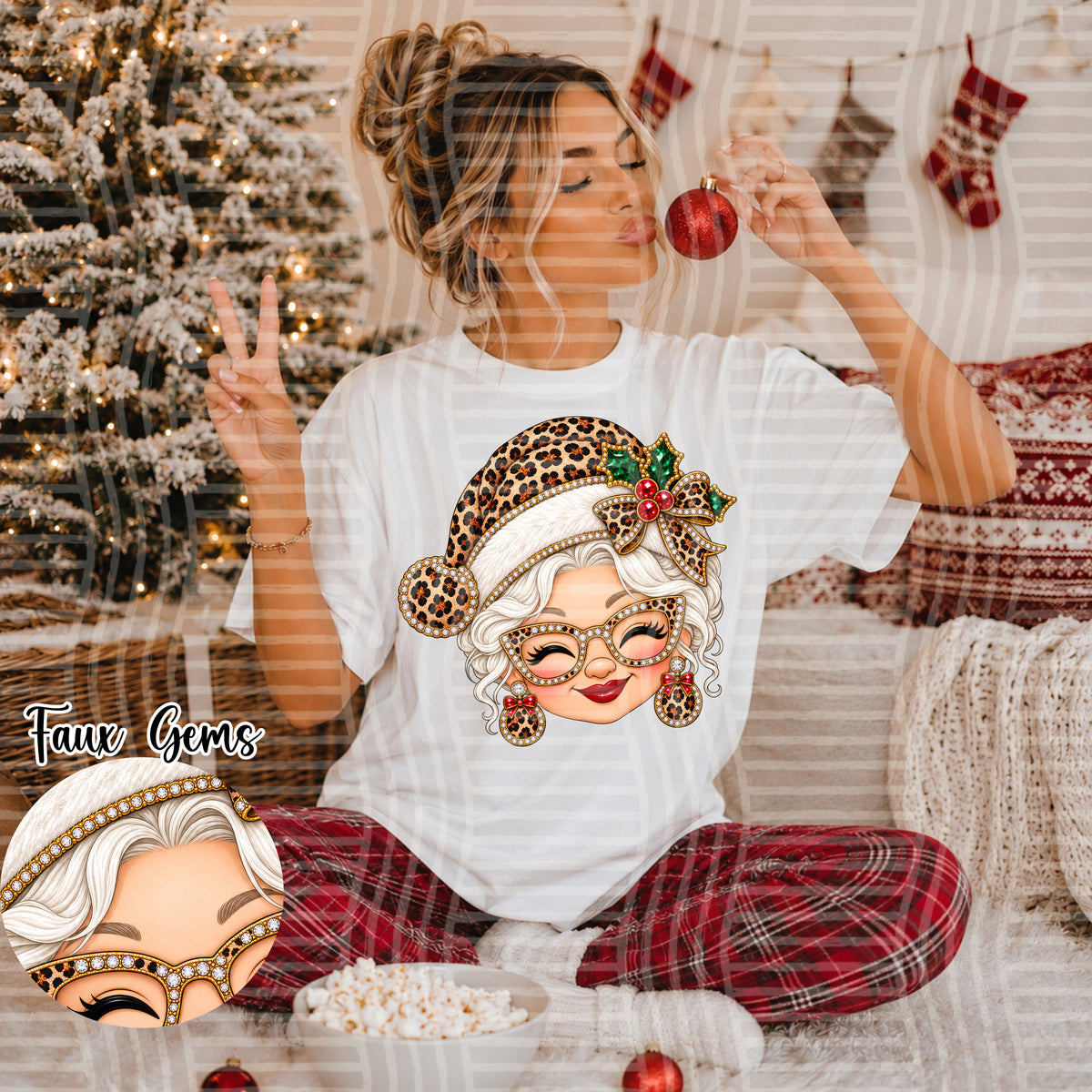 Mrs. Clause Leopard Hat- Faux Rhinestone (Caplinger)DTF Transfer