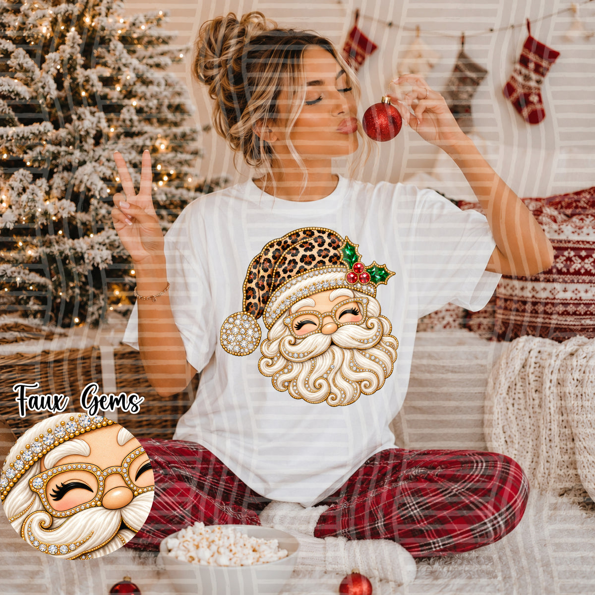 Mr. Clause Leopard Hat- Faux Rhinestone (Caplinger)DTF Transfer