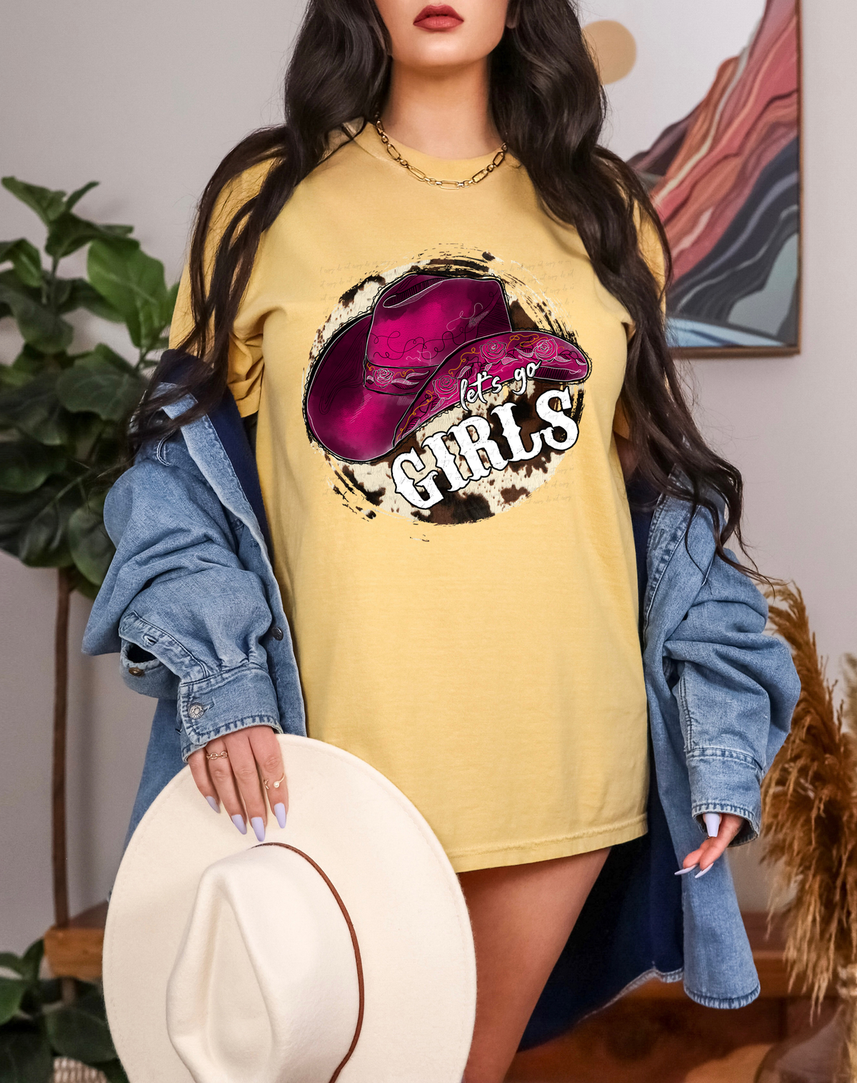 Let's Go Girls Cow Print Background Circle Pink Hat 116244 DTF Transfer