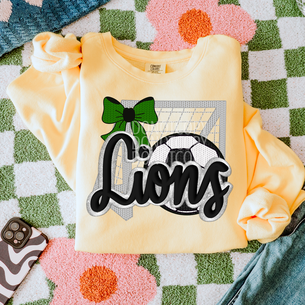 lions soccer with soccer ball, net, and green bow (CSG) DTF transfer