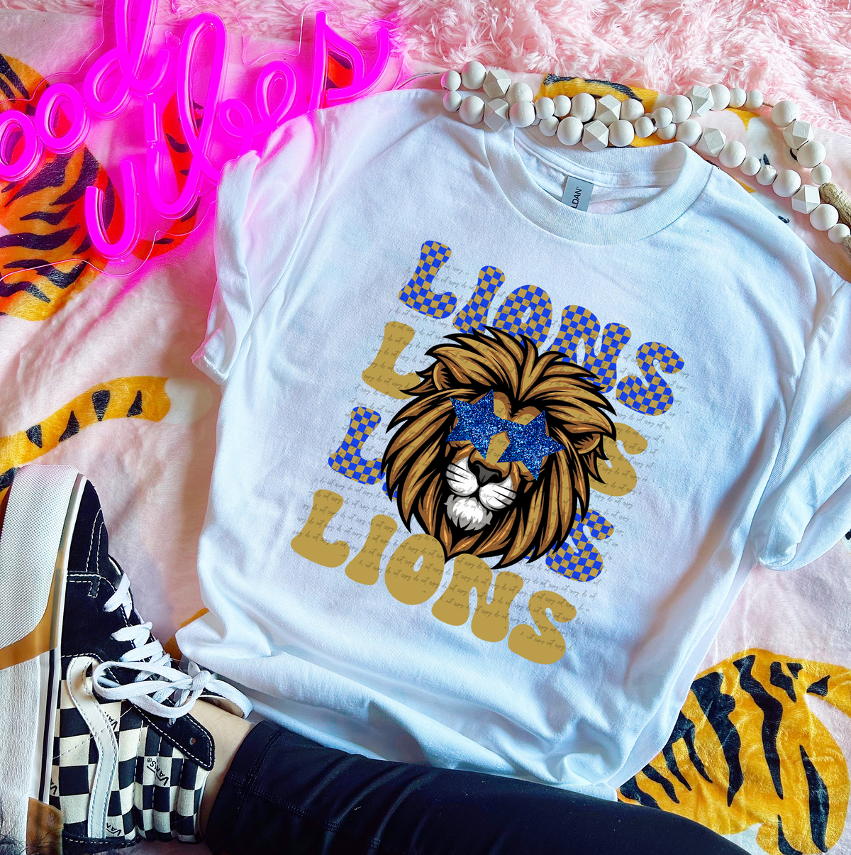 Lions Gold Blue Checkered Word Stacked 59492 DTF transfer
