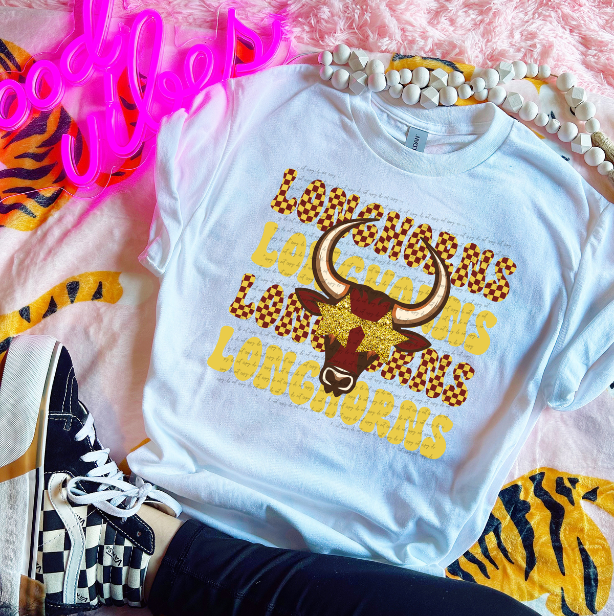 Longhorns Maroon Yellow Word Stacked 59495 DTF transfer