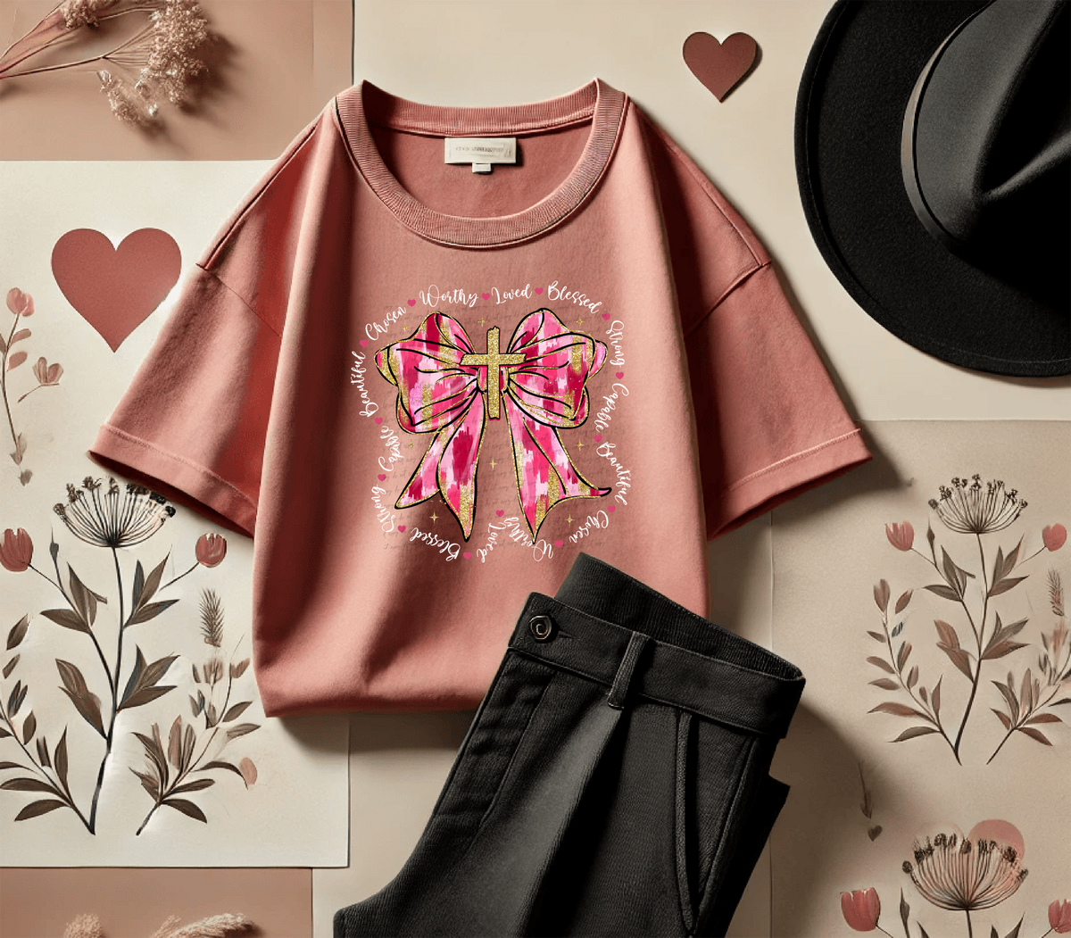 Loved Blessed Strong Capable Beautiful Chosen Worthy Pink Bow 76278 DTF Transfer